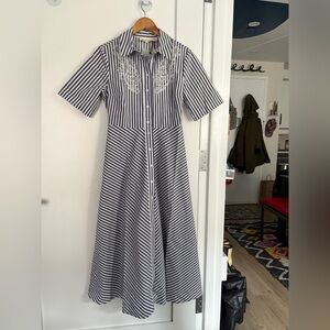 Striped Button-Up Dress with Hand Beaded Embroidery